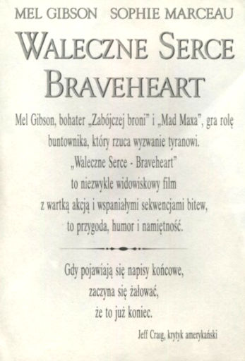 Tył ulotki filmu 'Braveheart - Waleczne Serce'