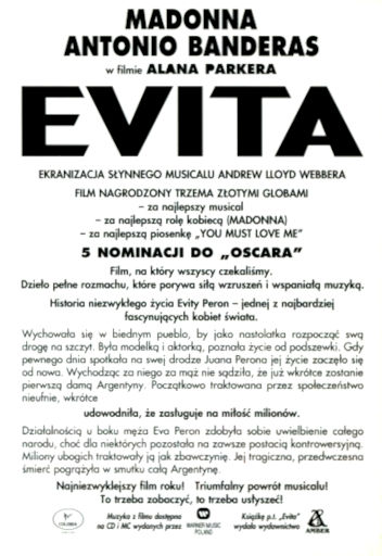 Tył ulotki filmu 'Evita'