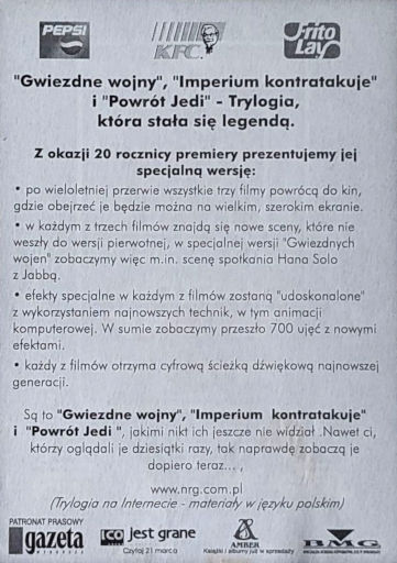 Tył ulotki filmu 'Gwiezdne Wojny / Imperium Kontratakuje / Powrót Jedi'