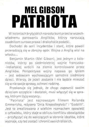 Tył ulotki filmu 'Patriota'