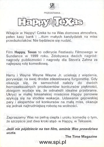 Tył ulotki filmu 'Happy, Texas'