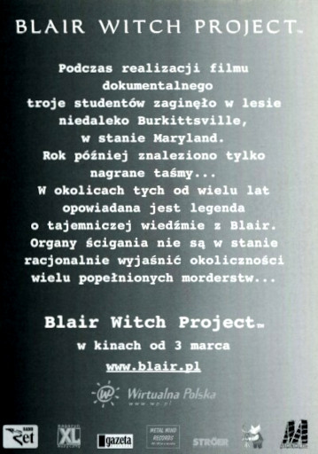 Tył ulotki filmu 'Blair Witch Project'