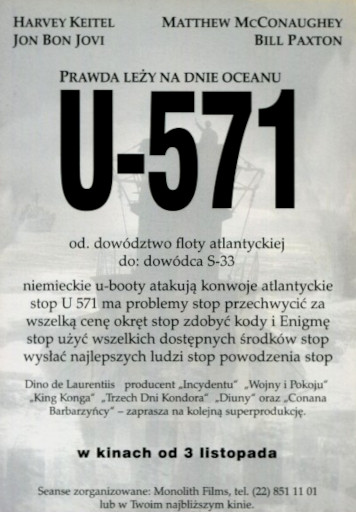 Tył ulotki filmu 'U-571'