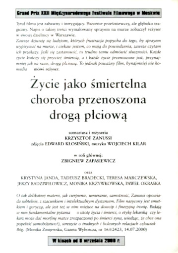 Tył ulotki filmu 'Życie Jako Śmiertelna Choroba Przenoszona Drogą Płciową'