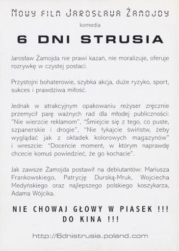 Tył ulotki filmu '6 Dni Strusia'