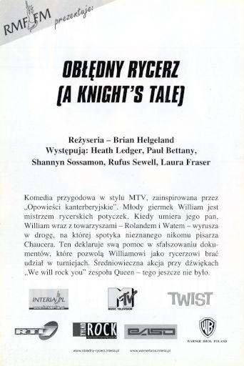 Tył ulotki filmu 'Obłędny Rycerz'