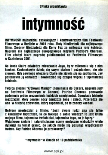 Tył ulotki filmu 'Intymność'