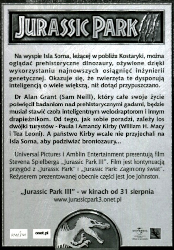 Tył ulotki filmu 'Jurassic Park III'