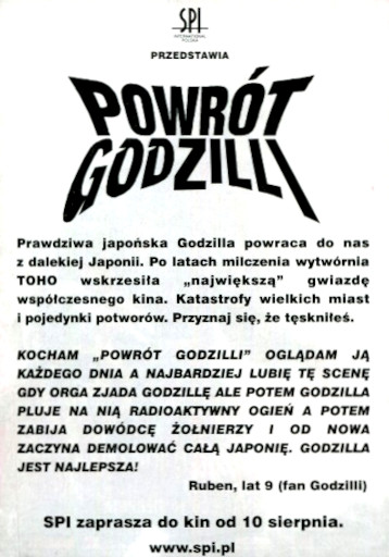 Tył ulotki filmu 'Powrót Godzilli'