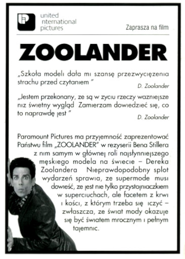 Tył ulotki filmu 'Zoolander'