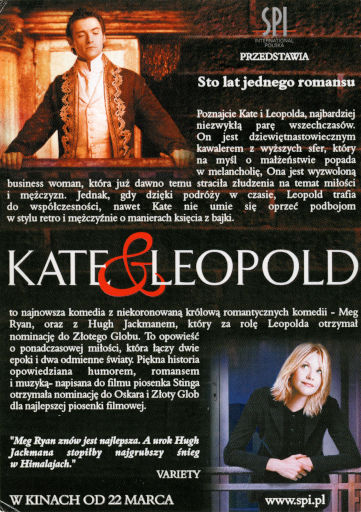 Tył ulotki filmu 'Kate i Leopold'