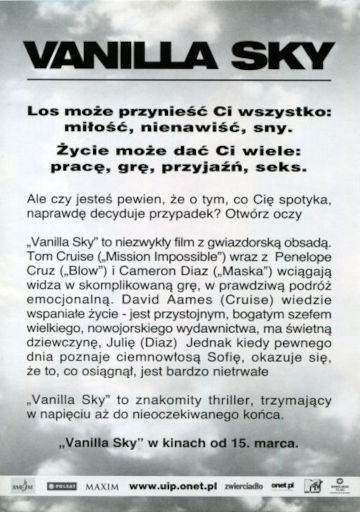 Tył ulotki filmu 'Vanilla Sky'