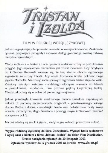 Tył ulotki filmu 'Tristan i Izolda'