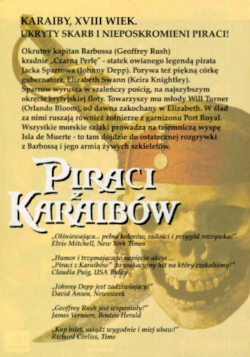 Tył ulotki filmu 'Piraci Z Karaibów: Klątwa Czarnej Perły'