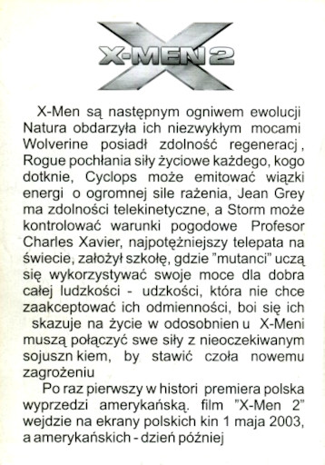 Tył ulotki filmu 'X-Men 2'