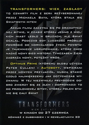 Tył ulotki filmu 'Transformers: Wiek Zagłady'