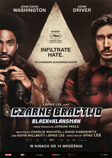 Przód ulotki filmu 'Czarne Bractwo. BlacKkKlansman'